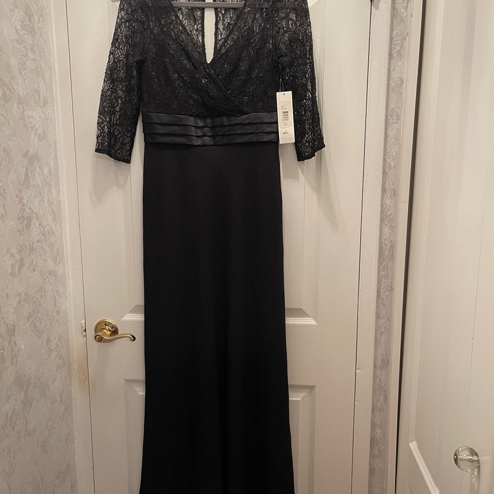 BADGLEY MISCHKA BLACK LONG LACE TOP 3/4SLEEVE V-NECK EVENING GOWN LINED SZ4 BNWT